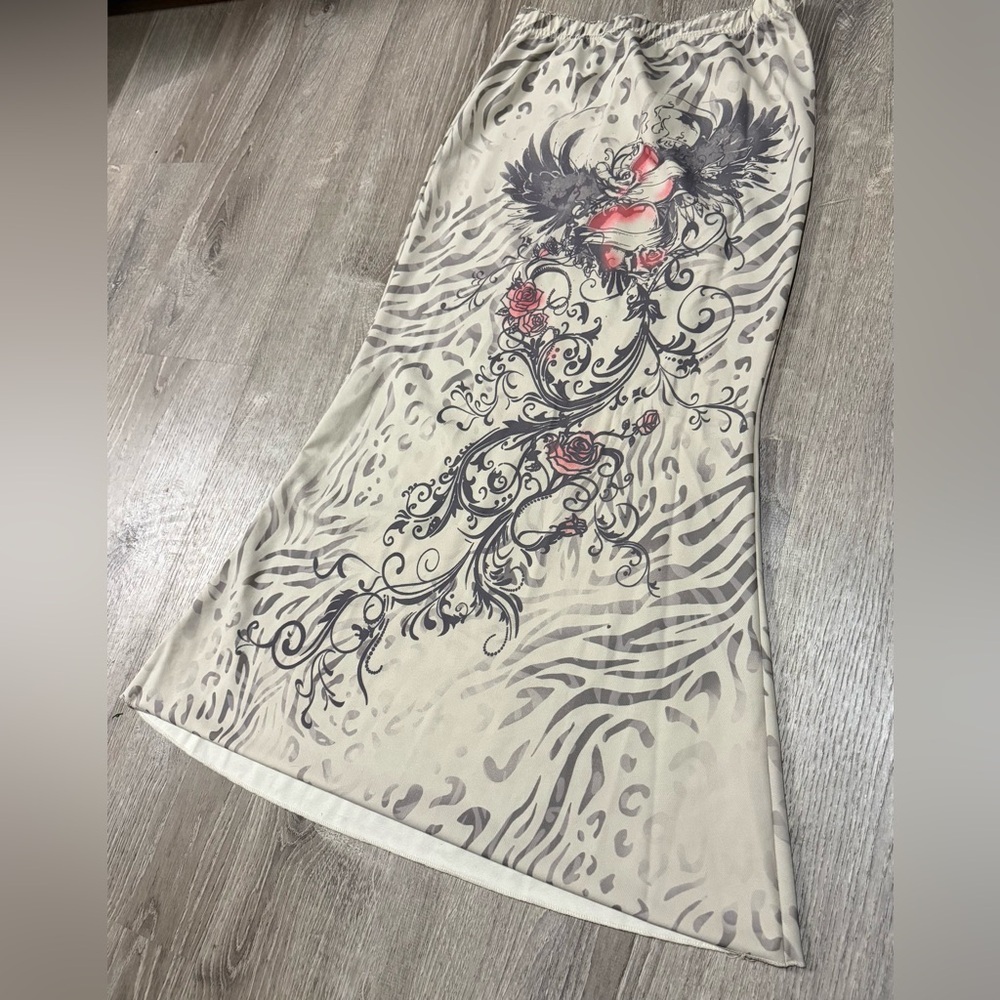 Cider Heart Wings Mermaid Maxi Skirt XL Graphic Tattoo Print - Picture 4 of 5